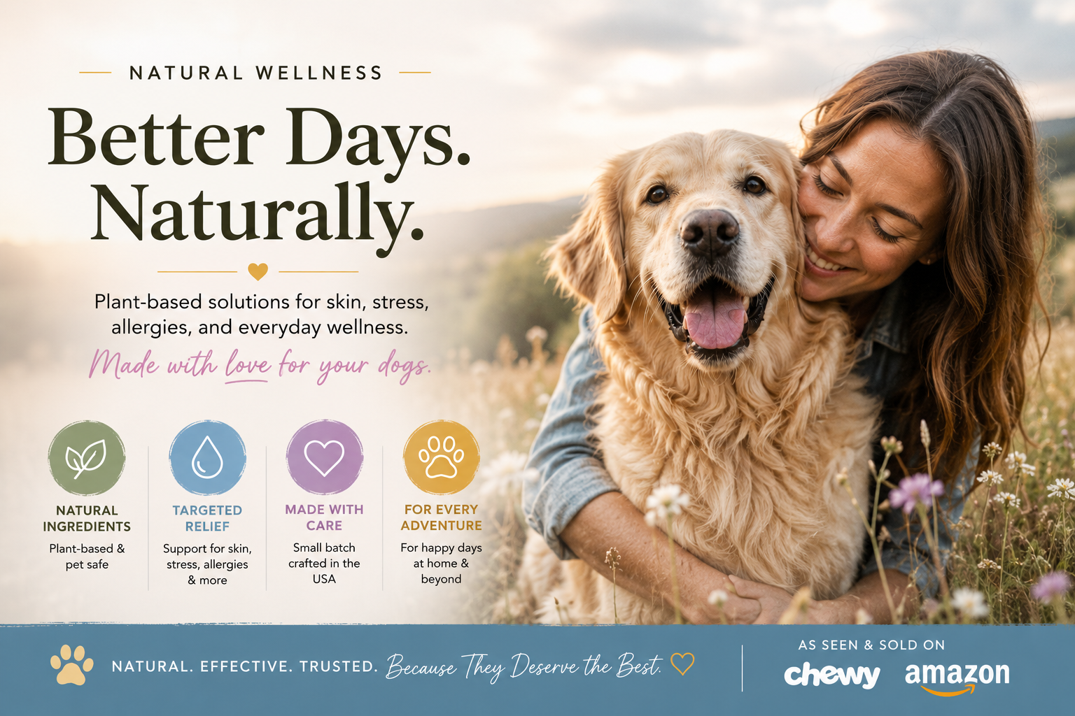 Woman hugging happy golden retriever in a field promoting Farm Dog Naturals pet wellness products for skin, stress, allergies, and everyday care. As seen on Chewy and Amazon.
